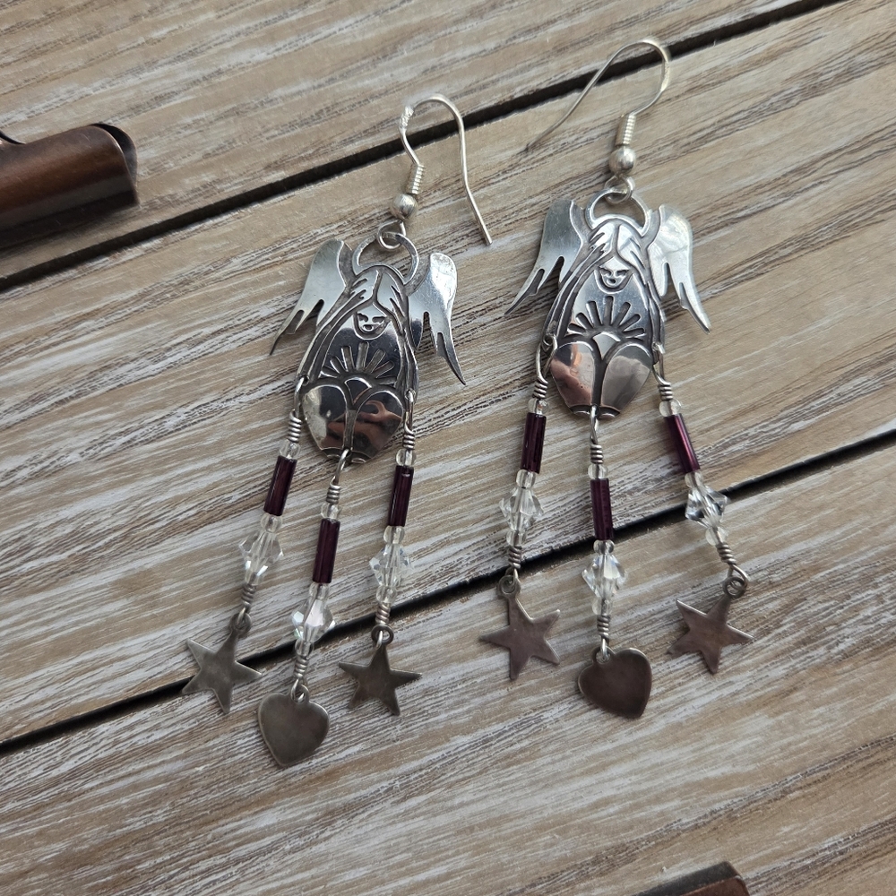 SterlingSilver & Burgundy VTG Angel Dangle Earrings Whimical Goth Southwestern